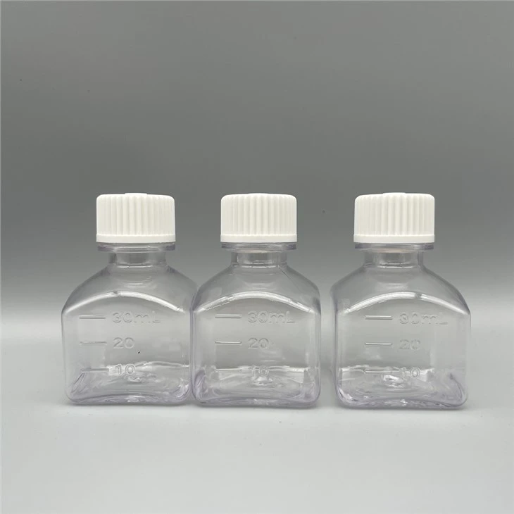 Laboratory Factory 10ml 30ml 60ml 125ml 250ml 500ml Gæludýr dauðhreinsað sermi frumurækt Breið munnur Gegnsætt plast hvarfefnisflaska